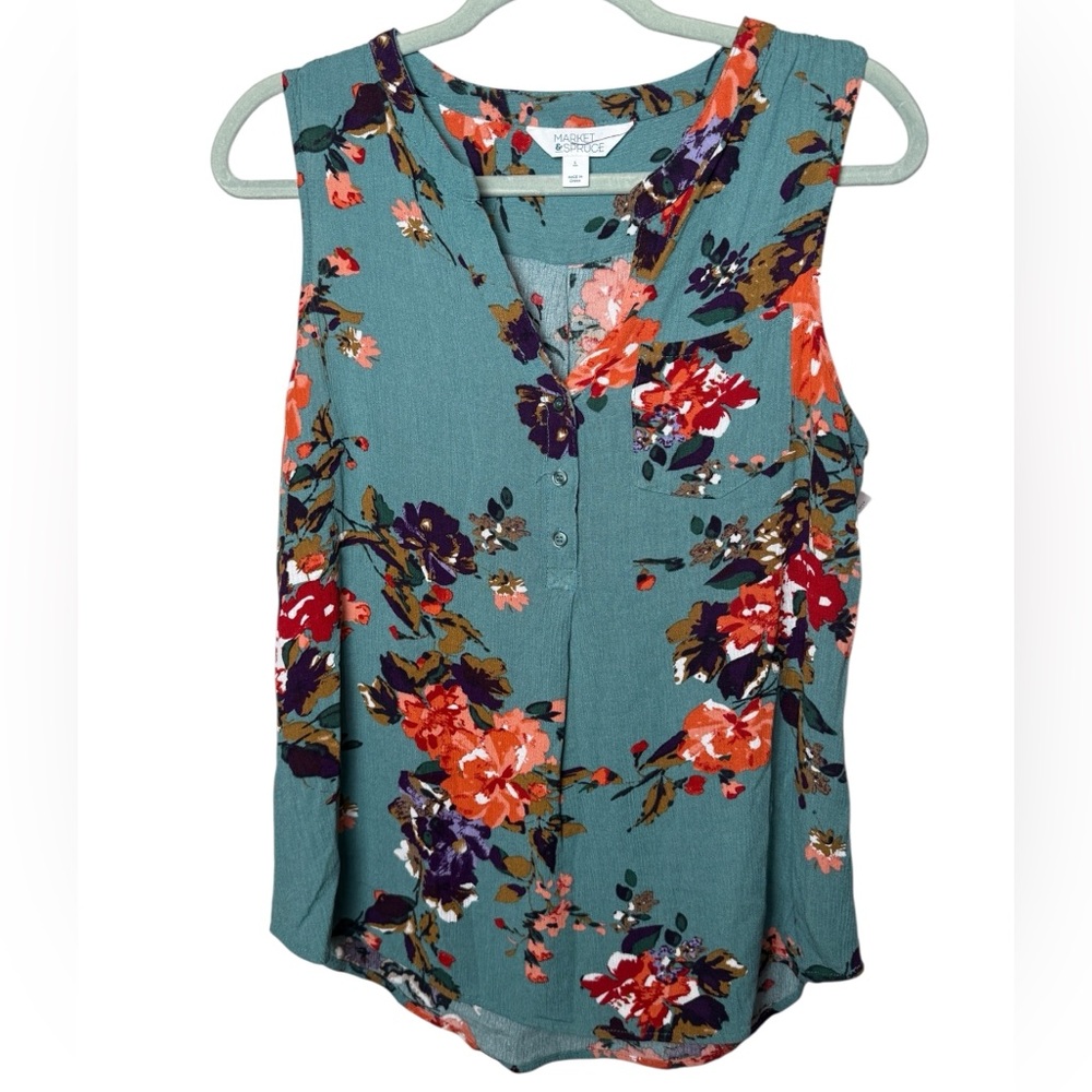 🟣 Market & Spruce Floral Sleeveless Blouse - Teal and Red
